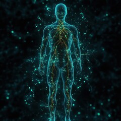 Glowing Translucent Human Figure with Neural Pathways in Cyberpunk Style
