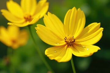 Yellow cosmos flowers with dew drops glistening on their petals, droplets, dewy, bright