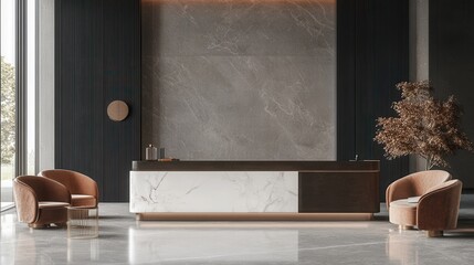 Opulent hotel lobby featuring a luxurious reception desk and a spacious waiting area. 