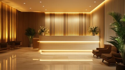 Opulent hotel lobby featuring a luxurious reception desk and a spacious waiting area. 