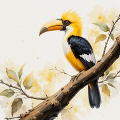 Obraz premium Majestic Golden Crowned Hornbill Perched on Branch Watercolor Style Illustration