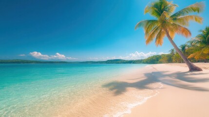 Fototapeta premium Relaxing beach scene with palm trees tropical paradise nature serene environment wide angle vacation concept