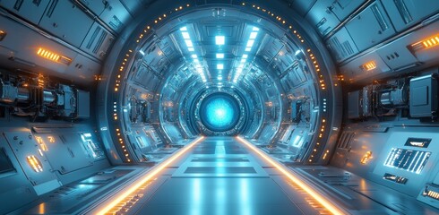 Obraz premium Futuristic Energy Chamber with Sleek Metallic Design and Glowing Blue Accents in a Sci-Fi Setting