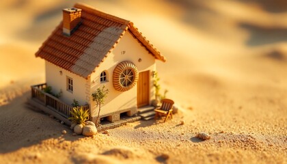 Charming Miniature Beach House in Golden Sunset - Stock Photo