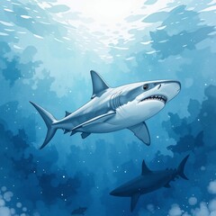 Fototapeta premium Majestic Great White Shark Underwater Ocean Wildlife Marine Life Illustration