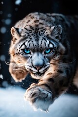 Obraz premium Close-up of a Snow Leopard with piercing blue eyes, jumping through the snow in a wintery forest, showcasing its muscular build and wild beauty