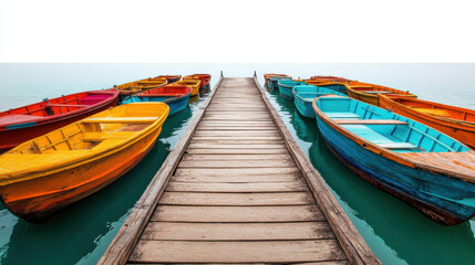 Obraz premium A long wooden pier leading into a lake with deep emerald water, surrounded by boats painted in bold orange, indigo
