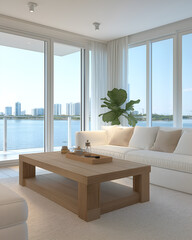 Fototapeta premium Modern apartment living room with a white sofa, wooden coffee table, and large floor to ceiling windows. Resident and Apartment Mockup and concept
