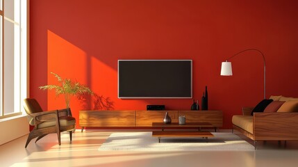 Sleek modern living room featuring a blank TV screen and stylish wooden furniture against a vibrant red wall. 