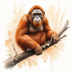 Obraz premium Majestic Bornean Orangutan Sitting on Branch Vivid Orange Fur Wildlife Portrait