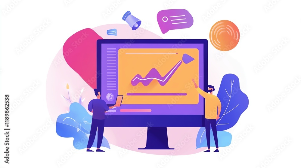 Poster individuals analyzing data trends on a computer screen with colorful visual elements in a creative w