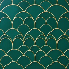 Art Deco seamless pattern of overlapping teal semi-circles, each outlined in white, with a subtle mosaic texture. Direct harsh shadows, earthy and cozy tones.