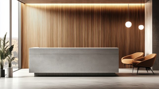 Sleek reception area featuring a concrete desk and a wooden panel wall, designed with a minimalist approach and a light background, ideal for corporate or hospitality settings.