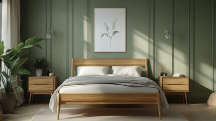 Sophisticated modern bedroom featuring a wooden bed with matching nightstands, complemented by light green wall paneling and a white poster on the wall.