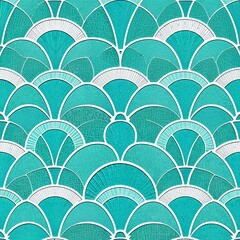 Art Deco seamless pattern of overlapping teal semi-circles, each outlined in white, with a subtle mosaic texture. Direct harsh shadows, earthy and cozy tones.