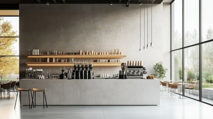 Stylish cafeteria interior featuring a sleek bar counter and organized shelf, complemented by a panoramic window that enhances the space with natural light and views.