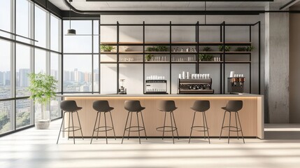Stylish cafeteria interior featuring a sleek bar counter and organized shelf, complemented by a panoramic window that enhances the space with natural light and views.