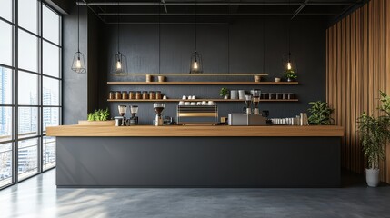 Stylish cafeteria interior featuring a sleek bar counter and organized shelf, complemented by a panoramic window that enhances the space with natural light and views.