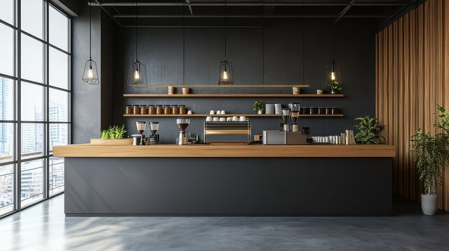 Stylish cafeteria interior featuring a sleek bar counter and organized shelf, complemented by a panoramic window that enhances the space with natural light and views.