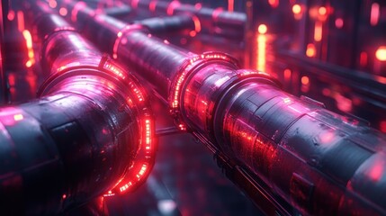Futuristic Cyberpunk Scene with Glowing Interconnected Tubes and Neon Light Effects in a Dark Background