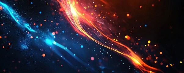 Obraz premium Abstract Blue and Orange Energy Streams Flow Dynamically Across a Dark Background with Glowing Particles
