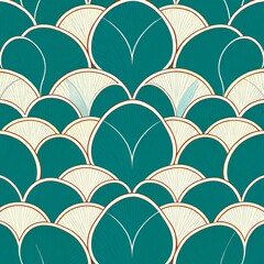 Art Deco seamless pattern of overlapping teal semi-circles, each outlined in white, with a subtle mosaic texture. Direct harsh shadows, earthy and cozy tones.