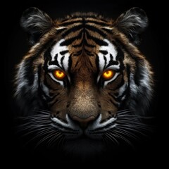 Fototapeta premium Close-up of a powerful tiger with intense amber eyes staring directly at the viewer, set against a dark background