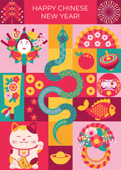 Festive bright geometric background of the Chinese New Year in Japan with traditional Japanese decorations, talismans, toys. Postcard, poster, flyer, cover