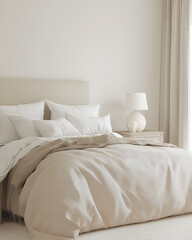 Cozy bedroom featuring a queen sized bed with neutral bedding, bedside tables, and a lamp, perfect for a mock up. Resident and Apartment Mockup and concept