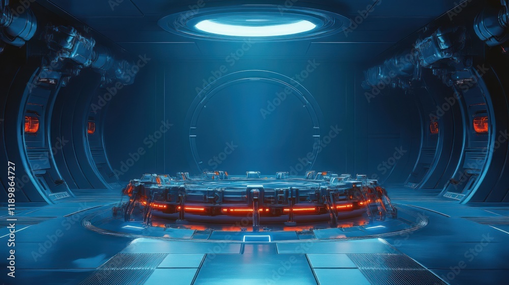 Poster futuristic 3d platform with neon blue lights in advanced scientific laboratory setting