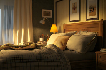 Cozy bedroom featuring a queen sized bed with neutral bedding, bedside tables, and a lamp, perfect for a mock up. Resident and Apartment Mockup and concept