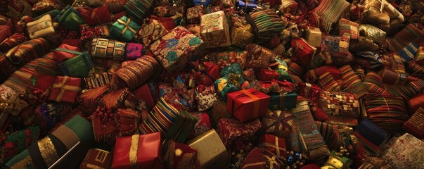 Fototapeta premium Festive gifts pile, holiday season, presents background, gift wrapping