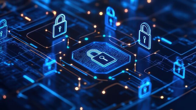 The image depicts a hacker attack scenario with a cybersecurity hologram and lock icons, highlighting the critical need for advanced security measures and vigilance in protecting digital systems.
