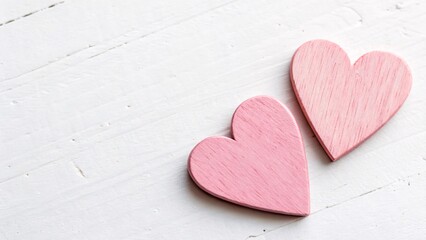 Fototapeta premium Two pink wooden hearts on a white background, a minimalist concept with copy space for a Valentine's Day card design