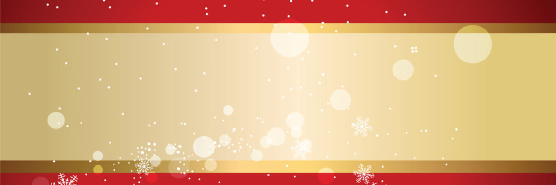 Abstract winter background with red, gold, and white snowflake and bokeh elements.