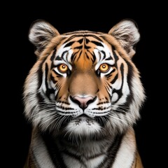 Fototapeta premium Close-up of a majestic tiger with piercing golden eyes, set against a dark background highlighting the tiger's striking fur and facial features