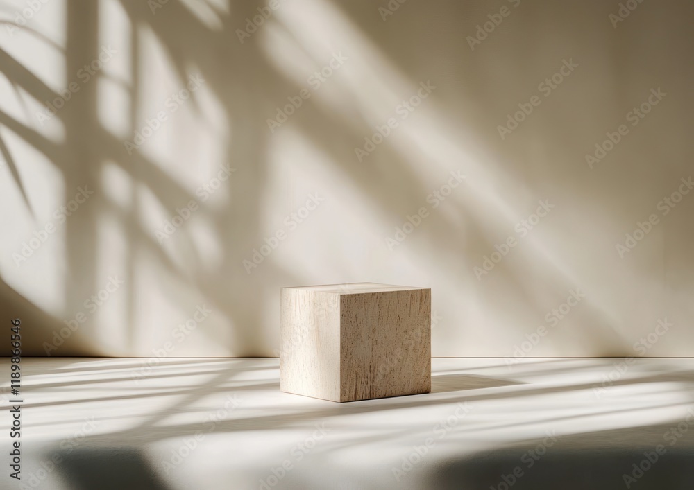 Poster Minimalist Wooden Cube on Smooth Surface with Soft Natural Light and Shadows in Scandinavian Design Style