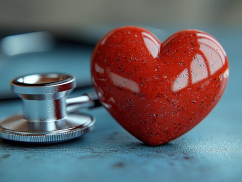 Red Heart Shape Toy and Stethoscope on Blue Background for Heart Health Awareness and Medical Care
