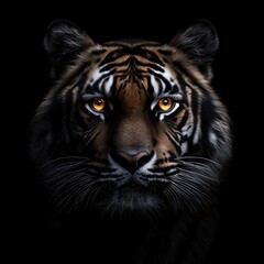 Fototapeta premium Close-up of a fierce tiger with glowing orange eyes, showcasing its powerful and intense expression against a dark background