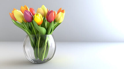 Fototapeta premium A vibrant bouquet of multicolored tulips in a clear glass vase sits on a white surface against a light gray background. The tulips are a mix of yellow, orange, pink, and red.