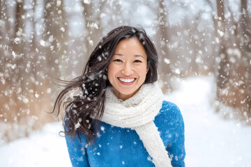 A woman is smiling in the snow with her hair blowing in the wind