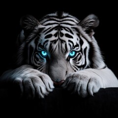 Close-up portrait of a white tiger with glowing blue eyes, displaying a fierce and intense expression, set against a black background
