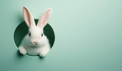 Obraz premium A cute white easter bunny looking out of a circle hole