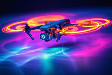 Fototapeta premium THE SKY IS THE LIMIT! A futuristic drone with neon trails creating patterns in the air, hovering over a clean white surface,innovation in delivery and surveillance technology. 3D Concept idea.