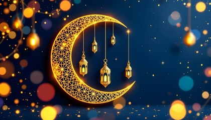 Naklejka premium Ramadan Kareem card with a golden crescent moon, mosque silhouette, hanging lanterns, navy blue background, geometric patterns