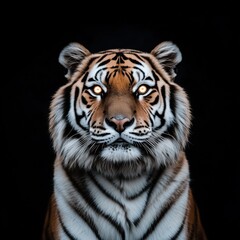Fototapeta premium Stunning front view of a tiger with bright eyes and a powerful posture against a dark background