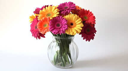 Vibrant bouquet of multicolored gerbera daisies in a clear glass vase.  Bright pinks, oranges, and yellows create a cheerful arrangement.