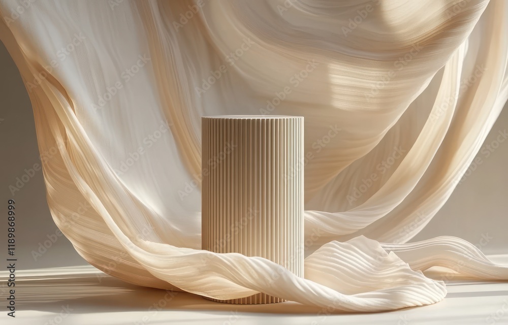 Poster minimalist still life display with ribbed cylindrical object and flowing silk fabric in soft natural