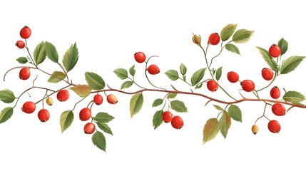 Rosehip Branch with Abundant Red Berries and Lush Green Leaves