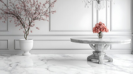 Luxury apartment interior with marble flooring, a large dining table, and decorative lighting, isolated on white. Resident and Apartment Mockup and concept